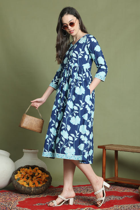 Blue Pure Cotton Jaipuri Printed Western Dress