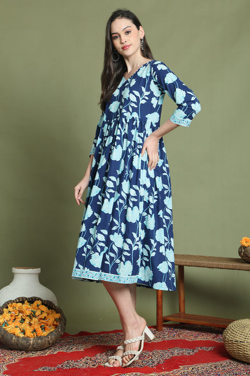 Blue Pure Cotton Jaipuri Printed Western Dress