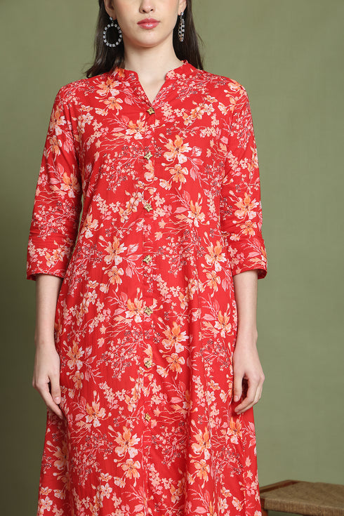 Red Pure Cotton Jaipuri Printed Western Dress