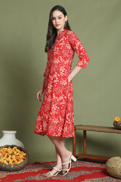 Red Pure Cotton Jaipuri Printed Western Dress