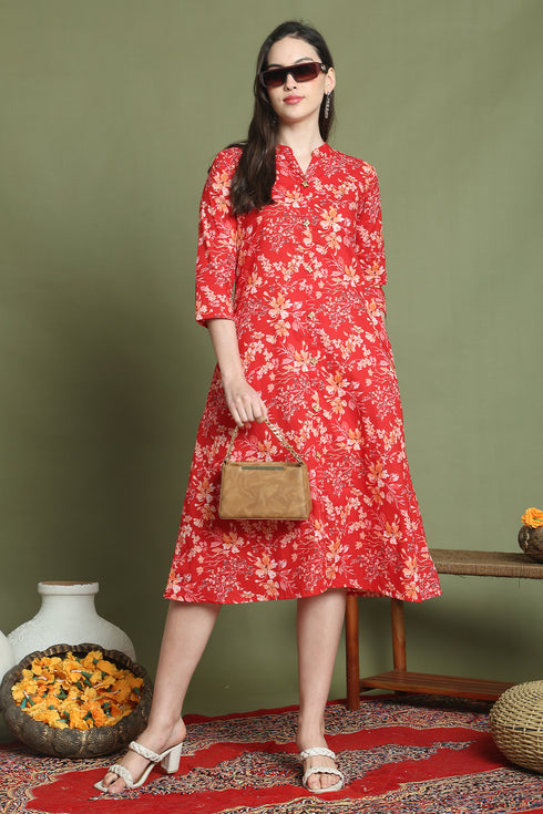 Red Pure Cotton Jaipuri Printed Western Dress