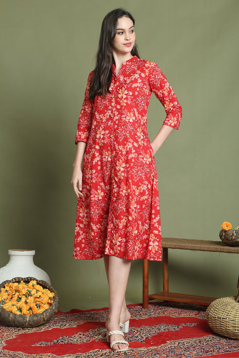 Red Pure Cotton Jaipuri Printed Western Dress
