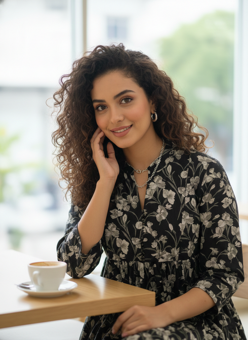 Women Black Pure Cotton Jaipuri Printed Western Dress
