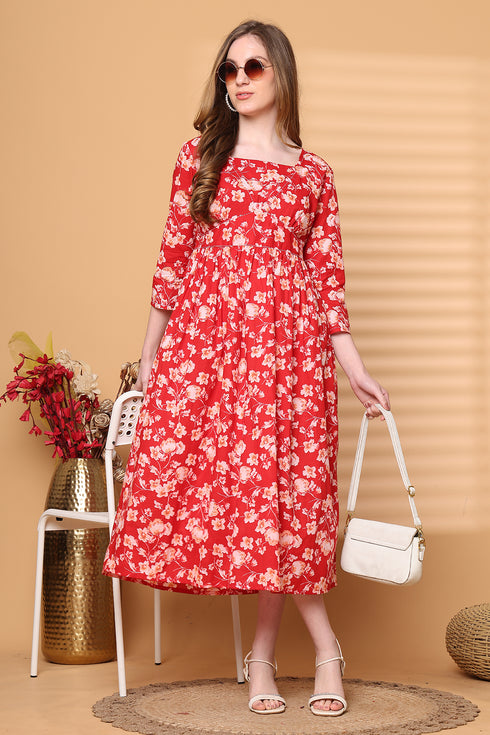 Women Red Pure Cotton Jaipuri Printed Western Dress