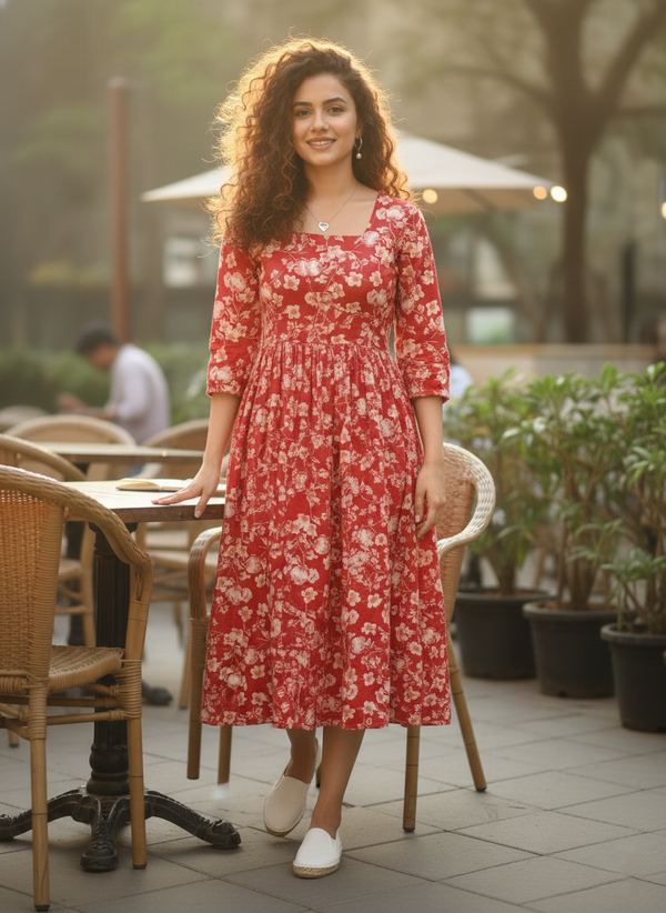 Women Red Pure Cotton Jaipuri Printed Western Dress