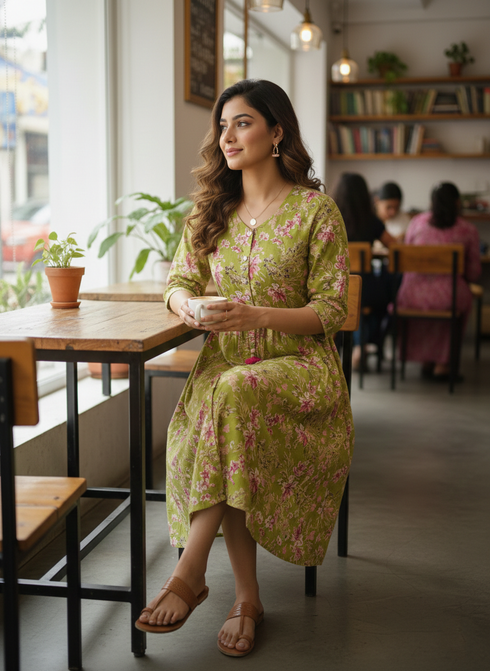 Emerald Petal Cotton Jaipuri Printed Dress