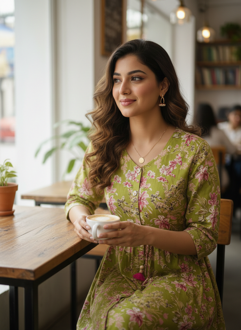 Emerald Petal Cotton Jaipuri Printed Dress