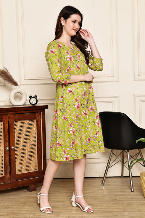 Emerald Petal Cotton Jaipuri Printed Dress