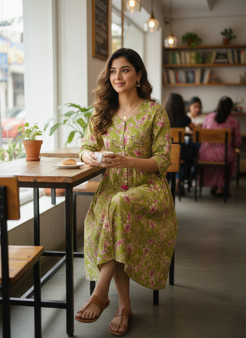 Emerald Petal Cotton Jaipuri Printed Dress