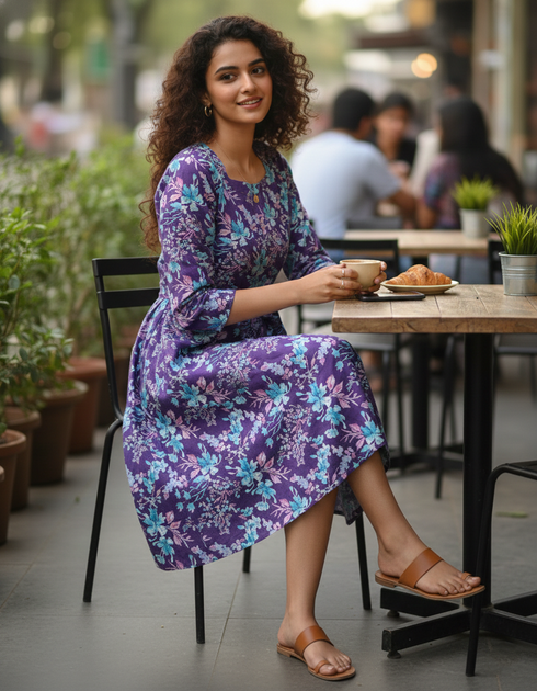 Purple Petal Play Cotton Jaipuri Printed Dress