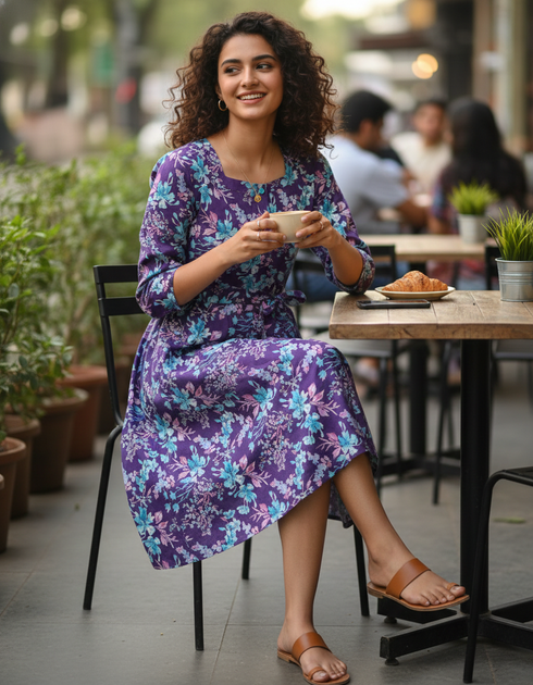 Purple Petal Play Cotton Jaipuri Printed Dress