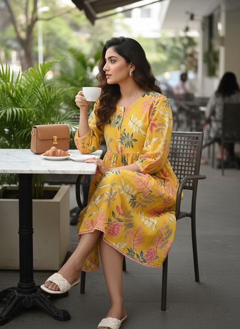 Floral Sunshine Cotton Jaipuri Printed Dress