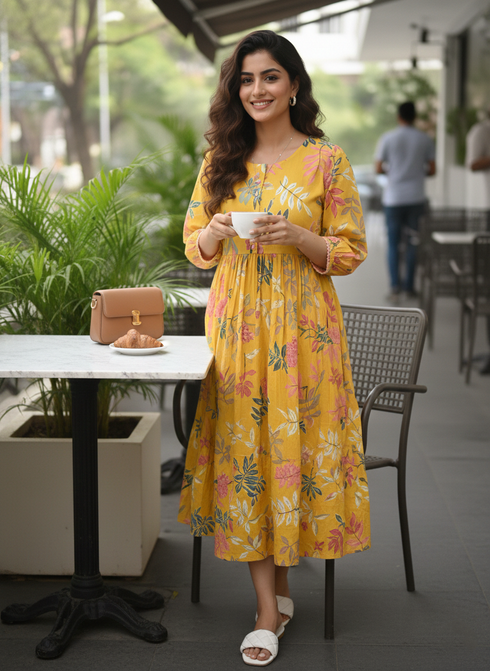 Floral Sunshine Cotton Jaipuri Printed Dress