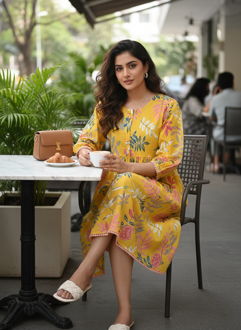Floral Sunshine Cotton Jaipuri Printed Dress