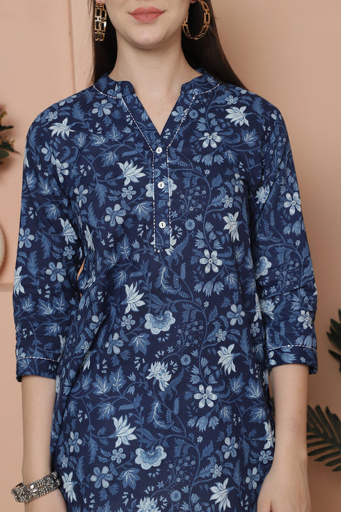 Blue Pure Cotton Floral Printed Tunic