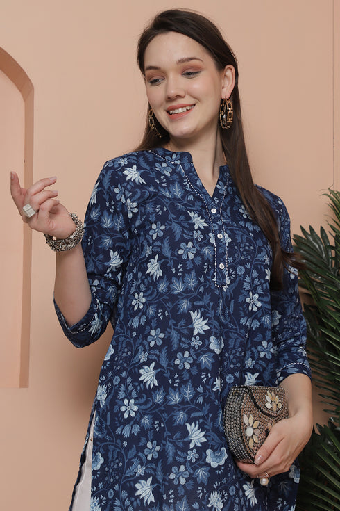 Blue Pure Cotton Floral Printed Tunic