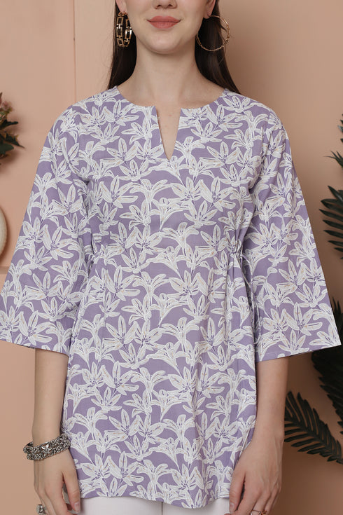 Lavender & White Cotton Foil Printed Tunic