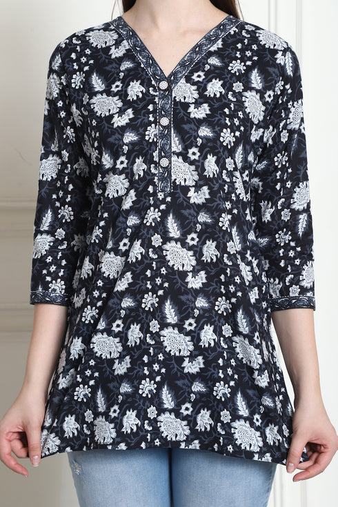 Black & White Cotton Floral Printed Tunic
