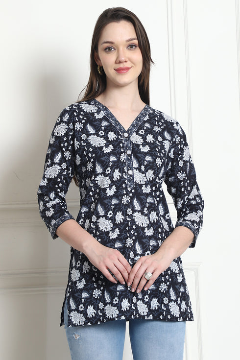 Black & White Cotton Floral Printed Tunic