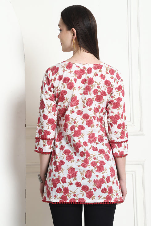 White & Magenta Cotton Floral Printed Tunic