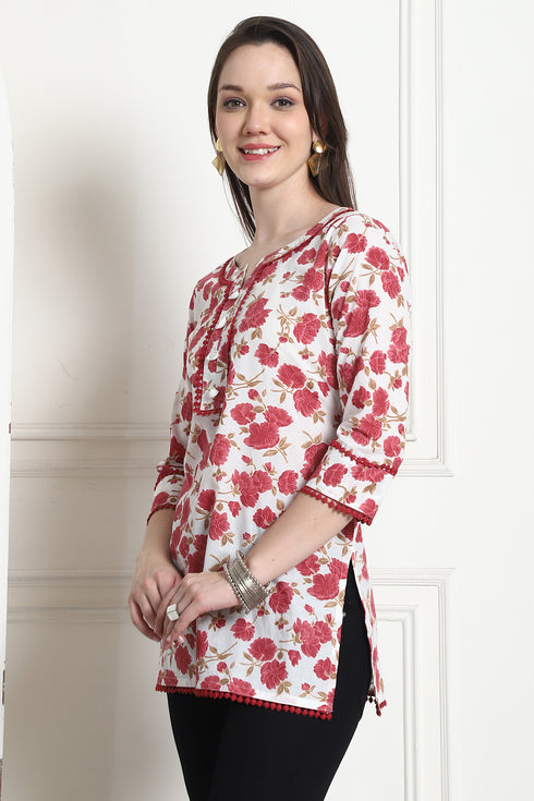 White & Magenta Cotton Floral Printed Tunic