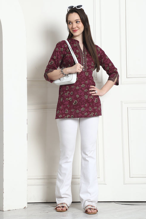 Wine Cotton Floral Printed Tunic