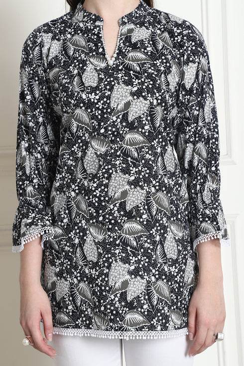 Black Cotton Floral Printed Tunic