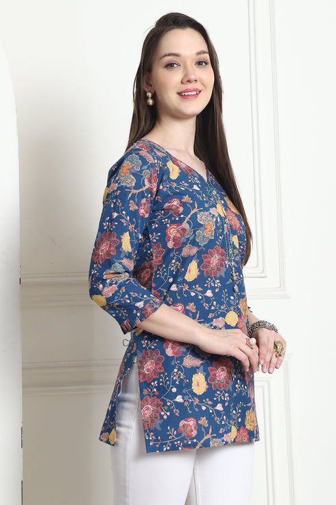 Blue Cotton Floral Printed Tunic