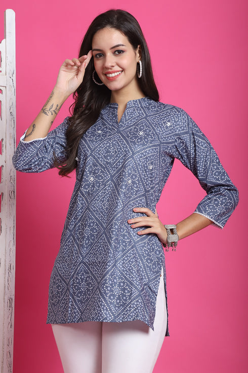 Grey & White Pure Cotton Bandhani Printed Tunic