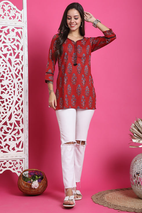 Maroon Pure Cotton Floral Printed Tunic