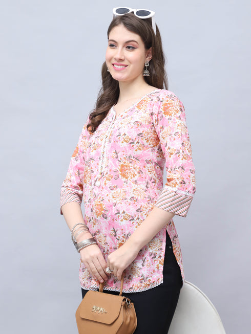 Light Pink Pure Cotton Floral Printed Tunic