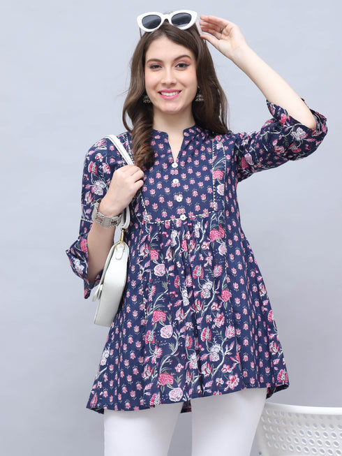 Navy Blue Pure Cotton Floral Printed Tunic