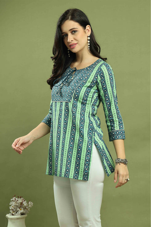 Blue & Green Women Pure Cotton Jaipuri Printed Tunic