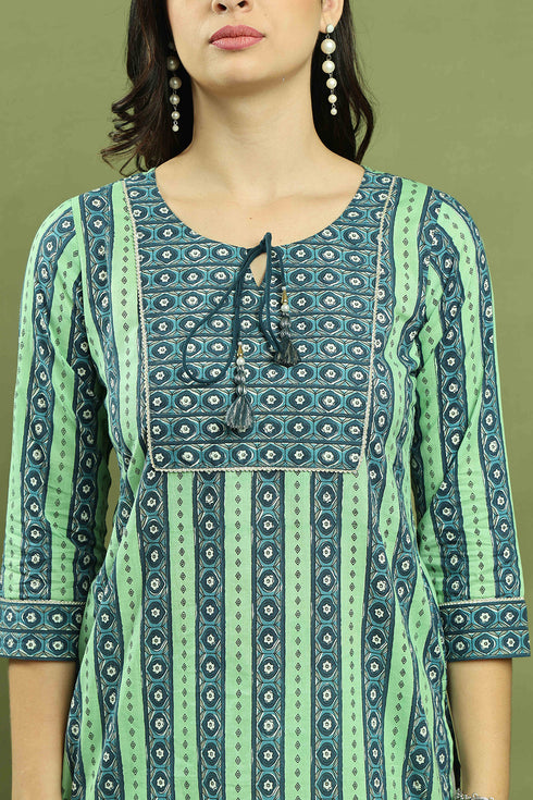 Blue & Green Women Pure Cotton Jaipuri Printed Tunic