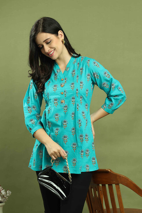 Sky Blue Women Pure Cotton Jaipuri Printed Tunic