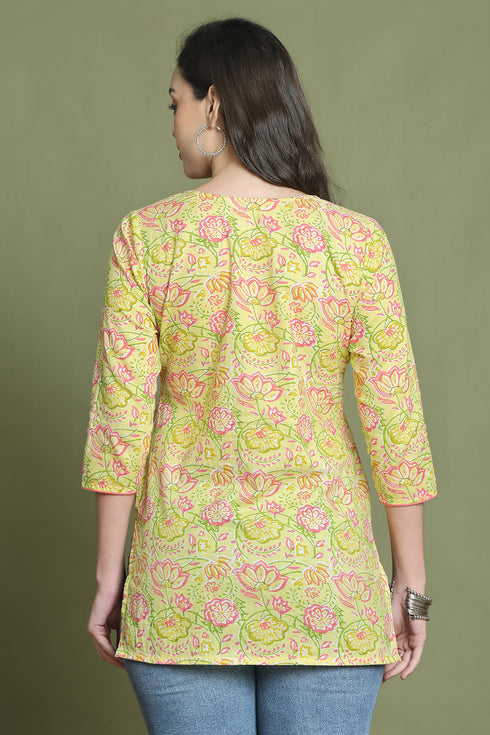 Yellow Pure Cotton Jaipuri Printed Tunic