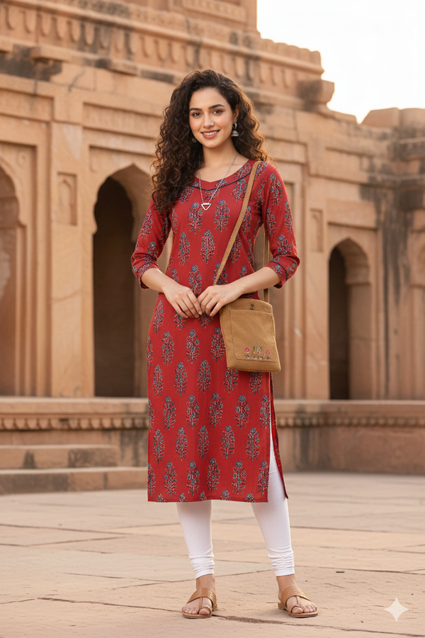 Maroon Pure Cambric Cotton Jaipuri Printed Kurti