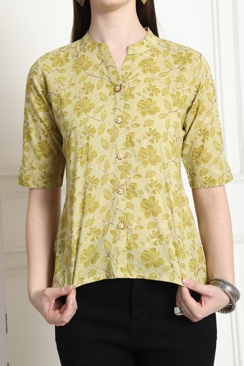 Lime Yellow Cotton Foil Printed Crop Top