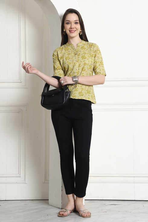 Lime Yellow Cotton Foil Printed Crop Top