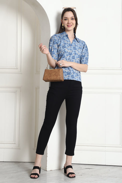 Sky Blue Cotton Foil Printed Crop Top