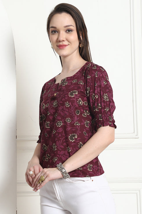Wine Cotton Floral Printed Crop Top