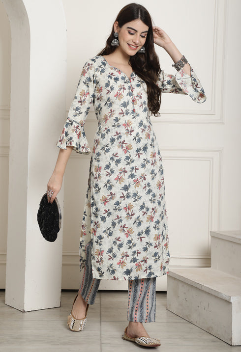 Cream & Grey Rayon Jaipuri Printed Kurta With Pant