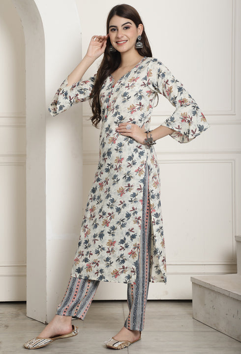Cream & Grey Rayon Jaipuri Printed Kurta With Pant
