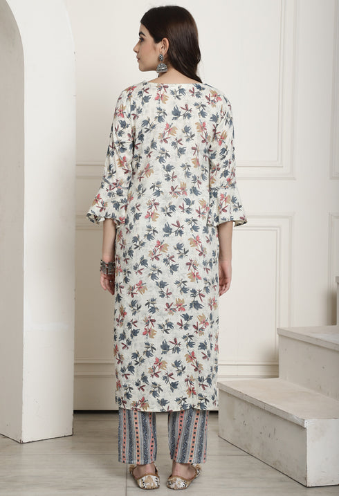 Cream & Grey Rayon Jaipuri Printed Kurta With Pant