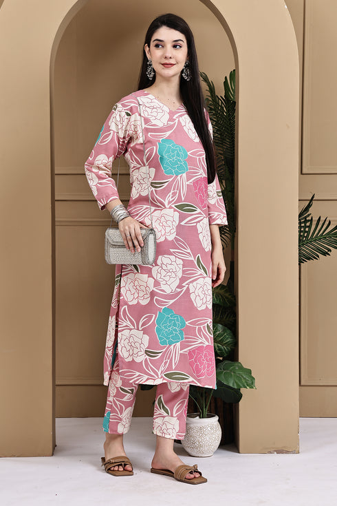 Pink Cotton Floral Printed Kurta With Pant