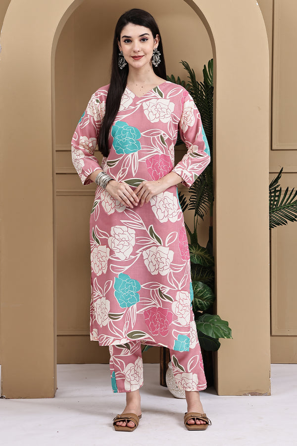 Pink Cotton Floral Printed Kurta With Pant
