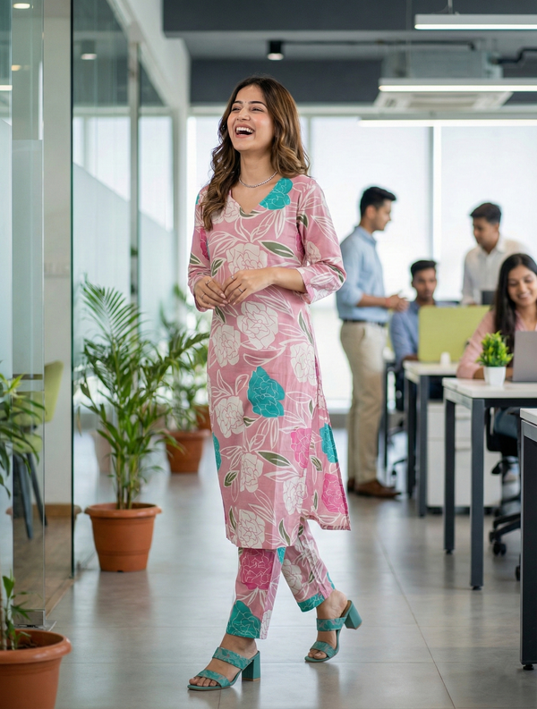 Pink Cotton Floral Printed Kurta With Pant