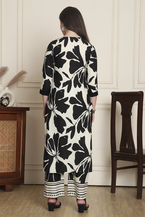Women Black & Off White Cotton Botanical Floral Printed Kurta With Pant