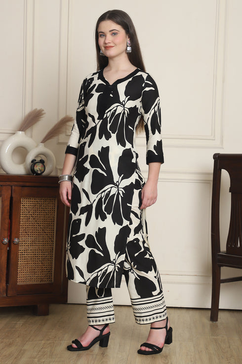 Women Black & Off White Cotton Botanical Floral Printed Kurta With Pant