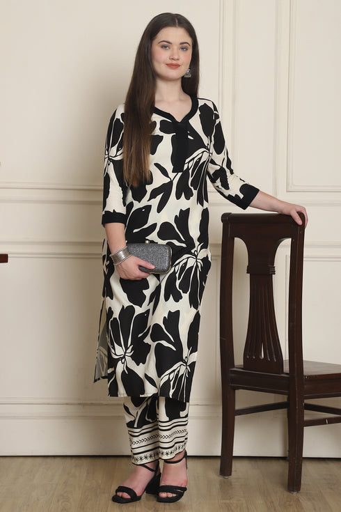 Women Black & Off White Cotton Botanical Floral Printed Kurta With Pant